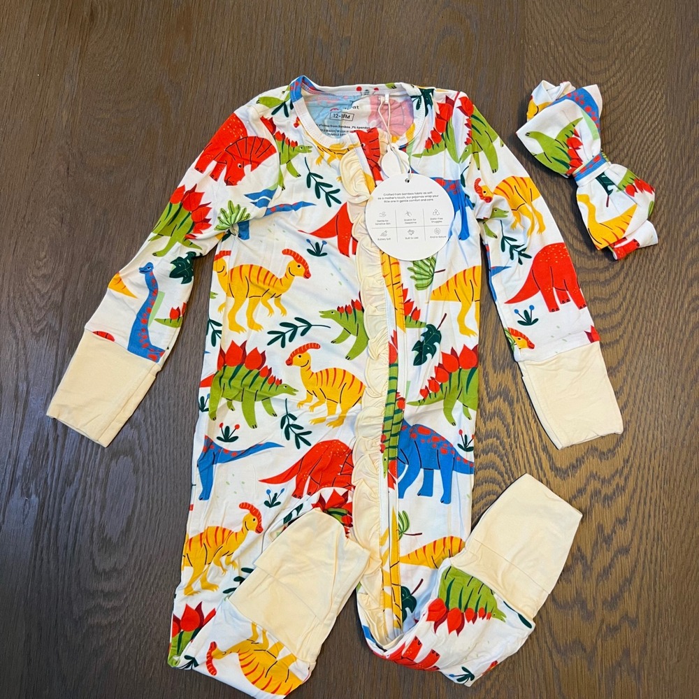 Kids Dinosaur Print Ruffle Footed bamboo Pajamas Romper with‎ Headband 12-18M